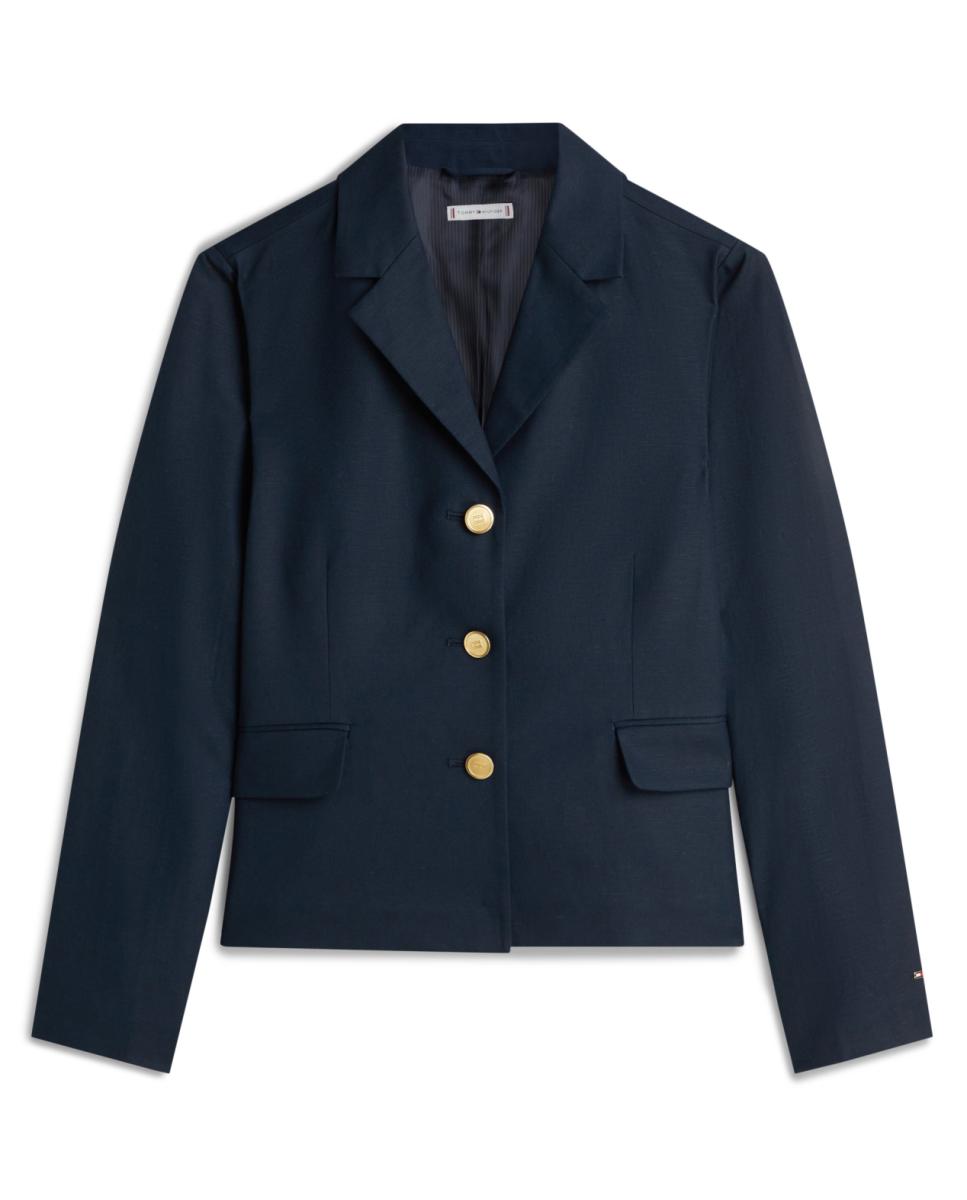 Blazer Cintado de Linho com Botões Dourados Azul-marinho-4