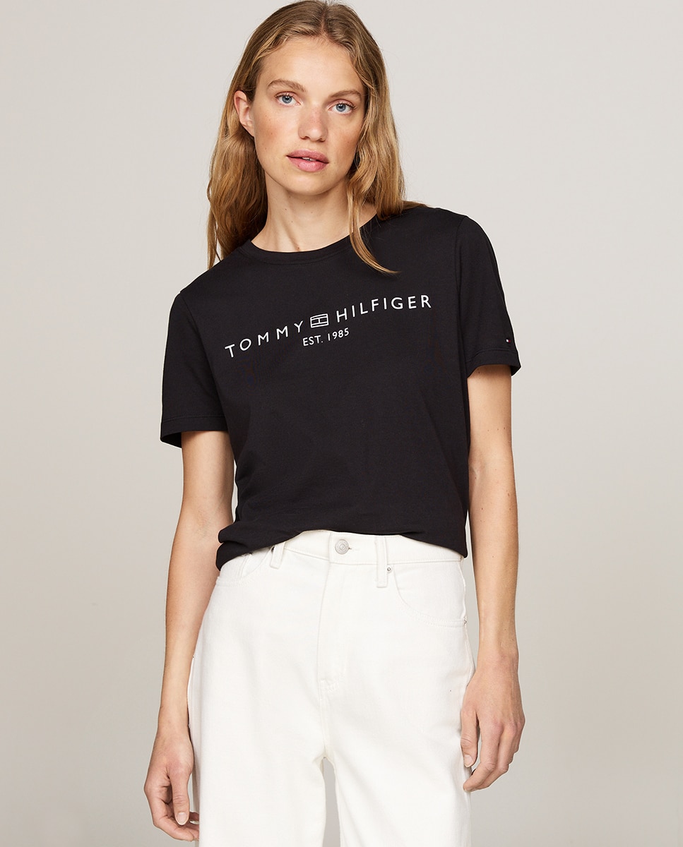 T-shirt de mulher com manga curta e decote redondo Preto-1