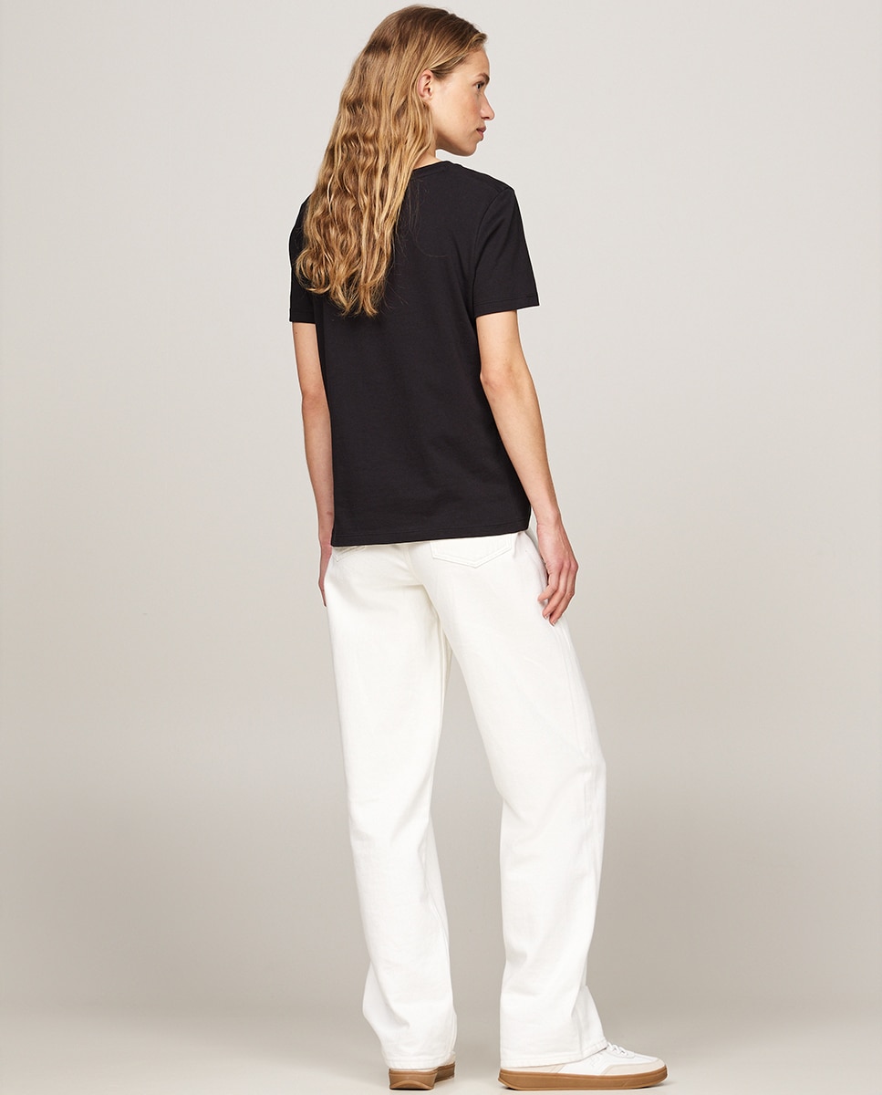T-shirt de mulher com manga curta e decote redondo Preto-2