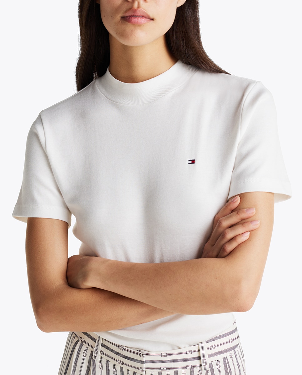 T-shirt de Manga Curta com Gola Alta e Logótipo Bordado no Peito Branco-3