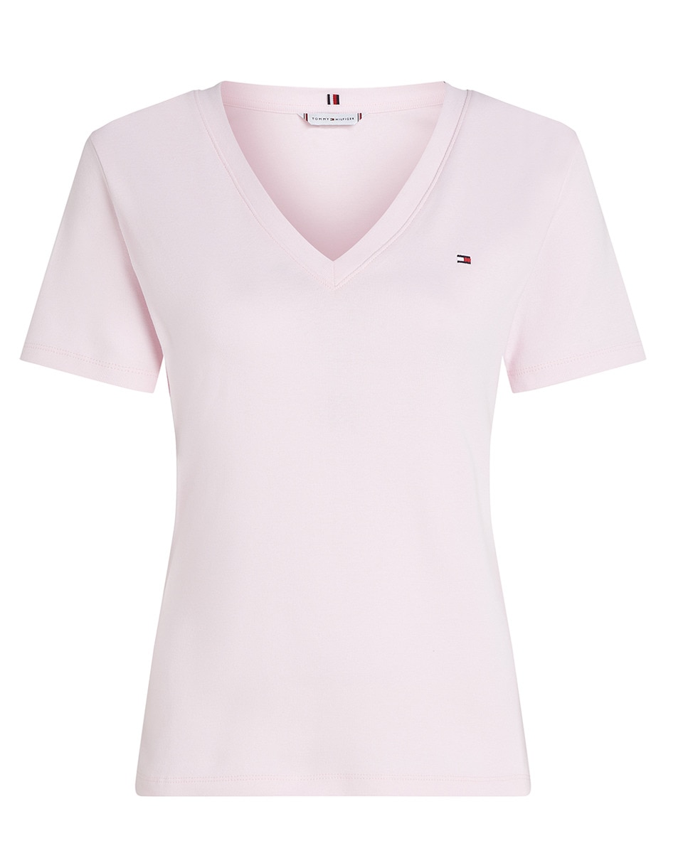 T-shirt com manga curta e decote em bico Rosa-claro-4