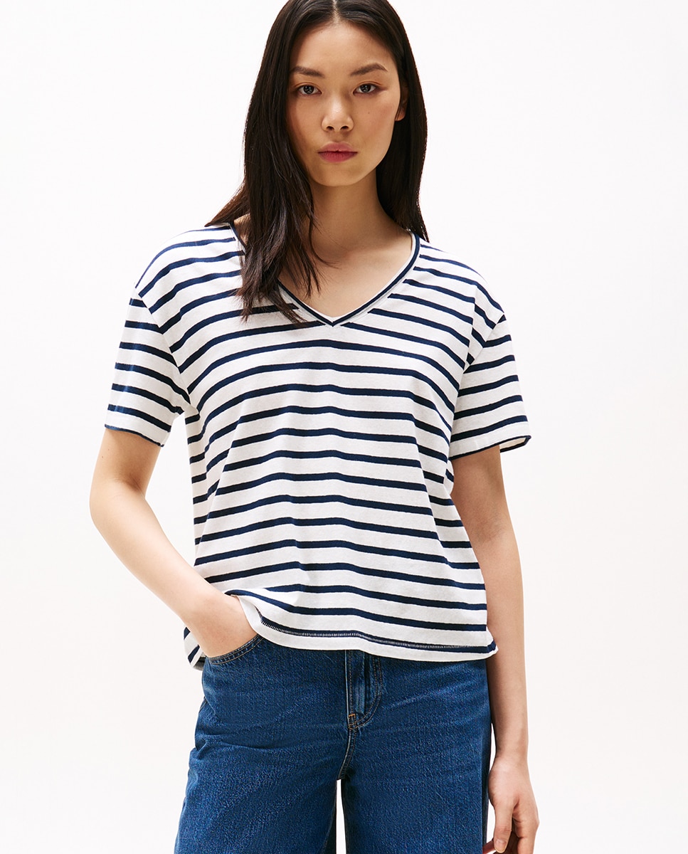Tommy Hilfiger - Camiseta de mujer de manga corta en mezcla de lino.