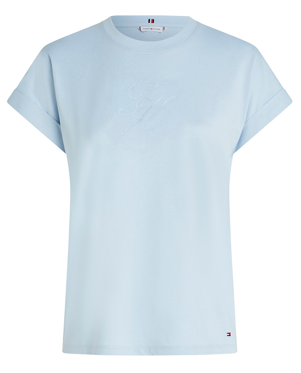 T-shirt de Manga Curta com Logótipo Atonal Bordado Azul-claro-1