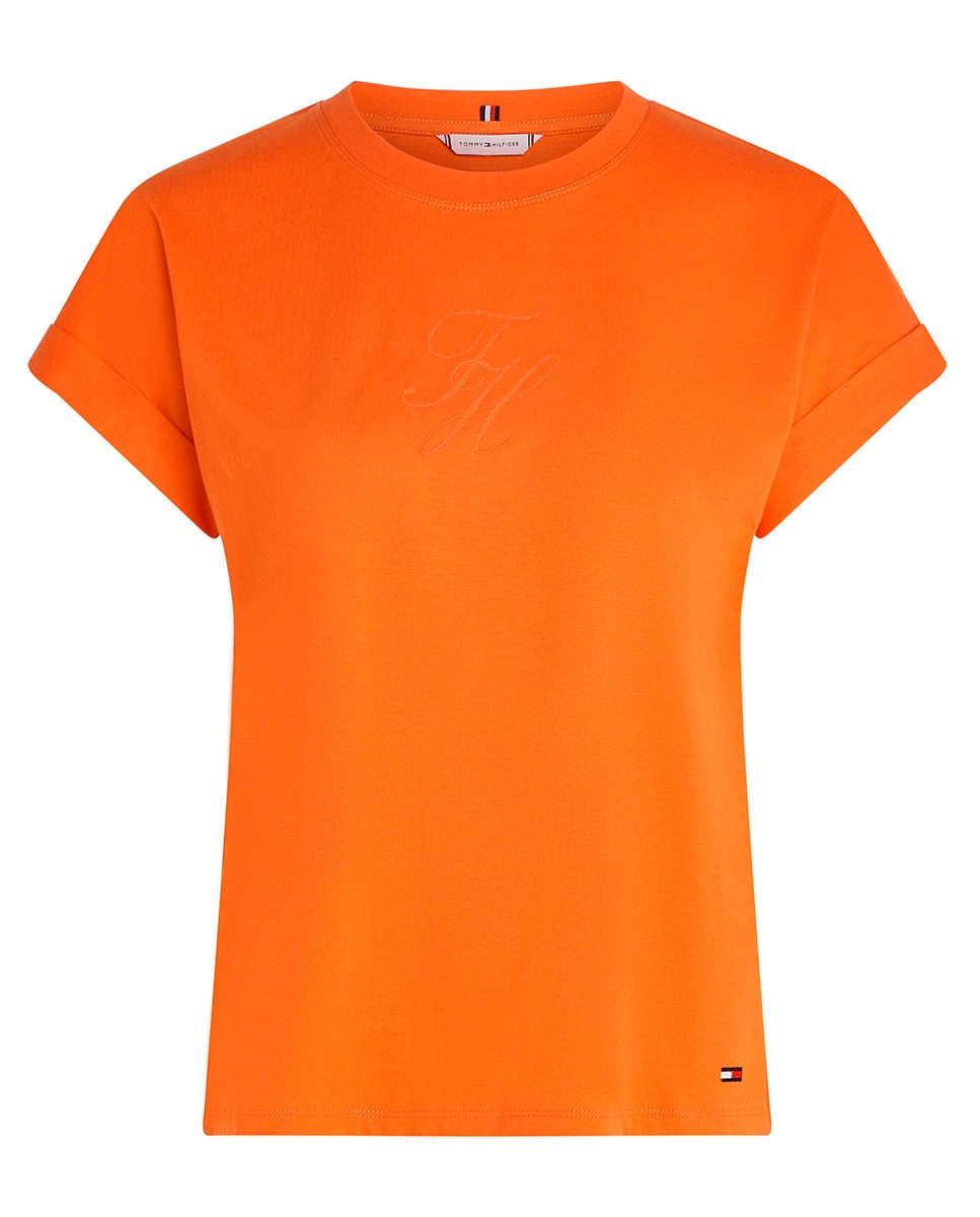 T-shirt de Manga Curta com Logótipo Atonal Bordado Laranja-1