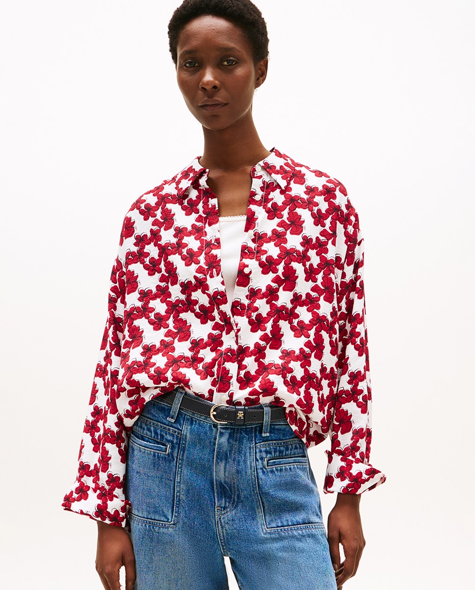Camisa de Silhueta Larga e Estampado Floral Vermelho-1