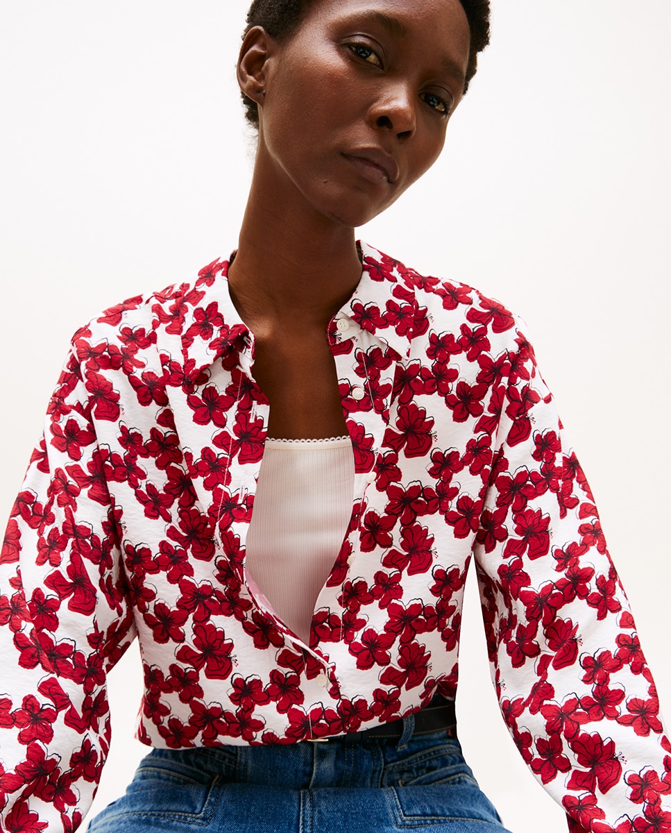 Camisa de Silhueta Larga e Estampado Floral Vermelho-2