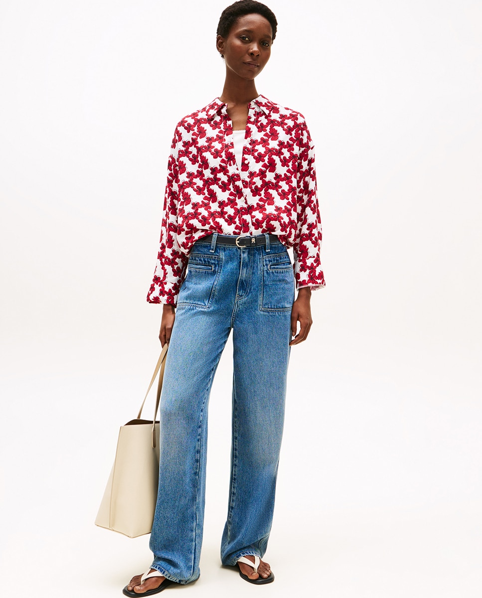 Camisa de Silhueta Larga e Estampado Floral Vermelho-3