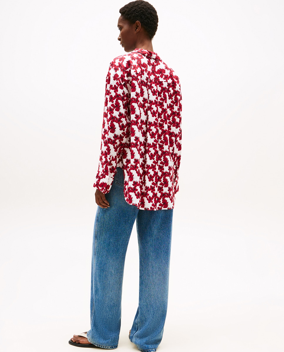 Camisa de Silhueta Larga e Estampado Floral Vermelho-4