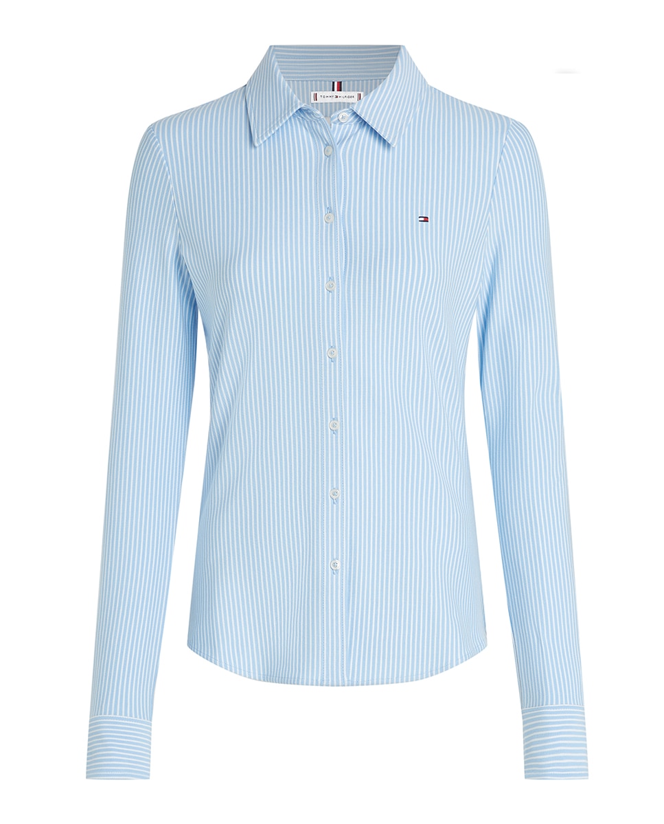 Camisa Curve de Piqué com Manga Comprida Azul-4