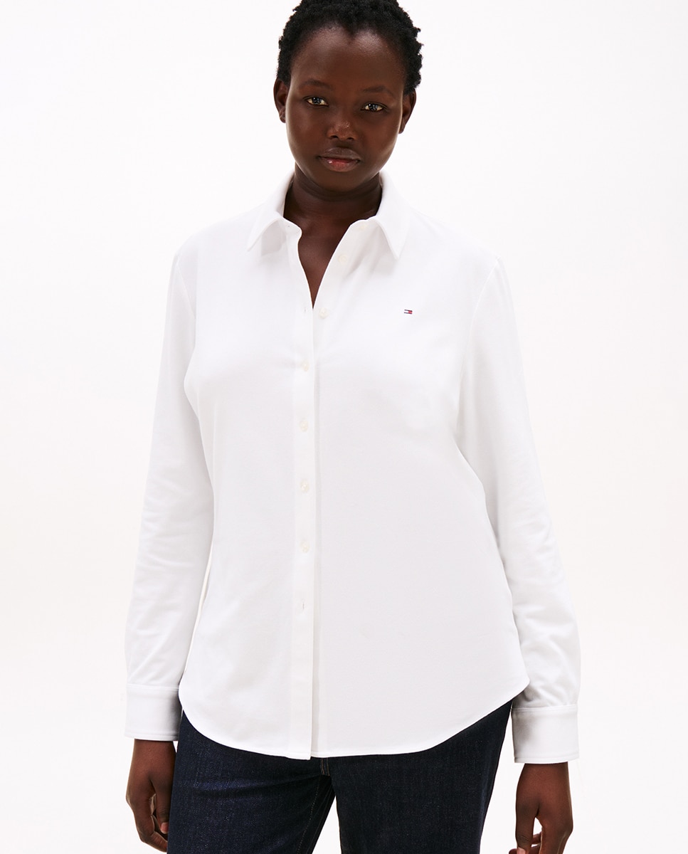 Camisa Curve de Piqué com Manga Comprida Branco-1