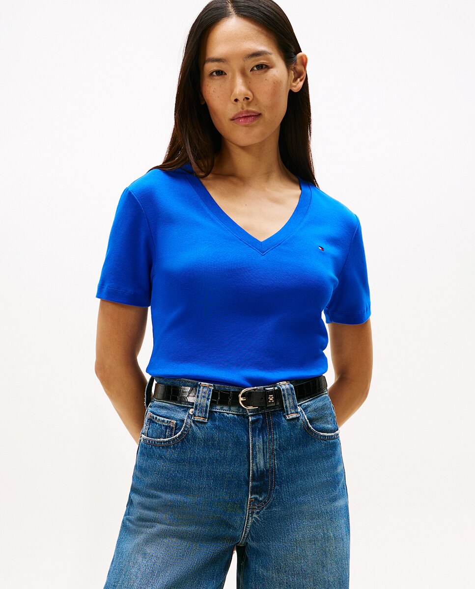 T-shirt Slim Cody de Manga Curta e Decote em Bico Azul-índigo-1