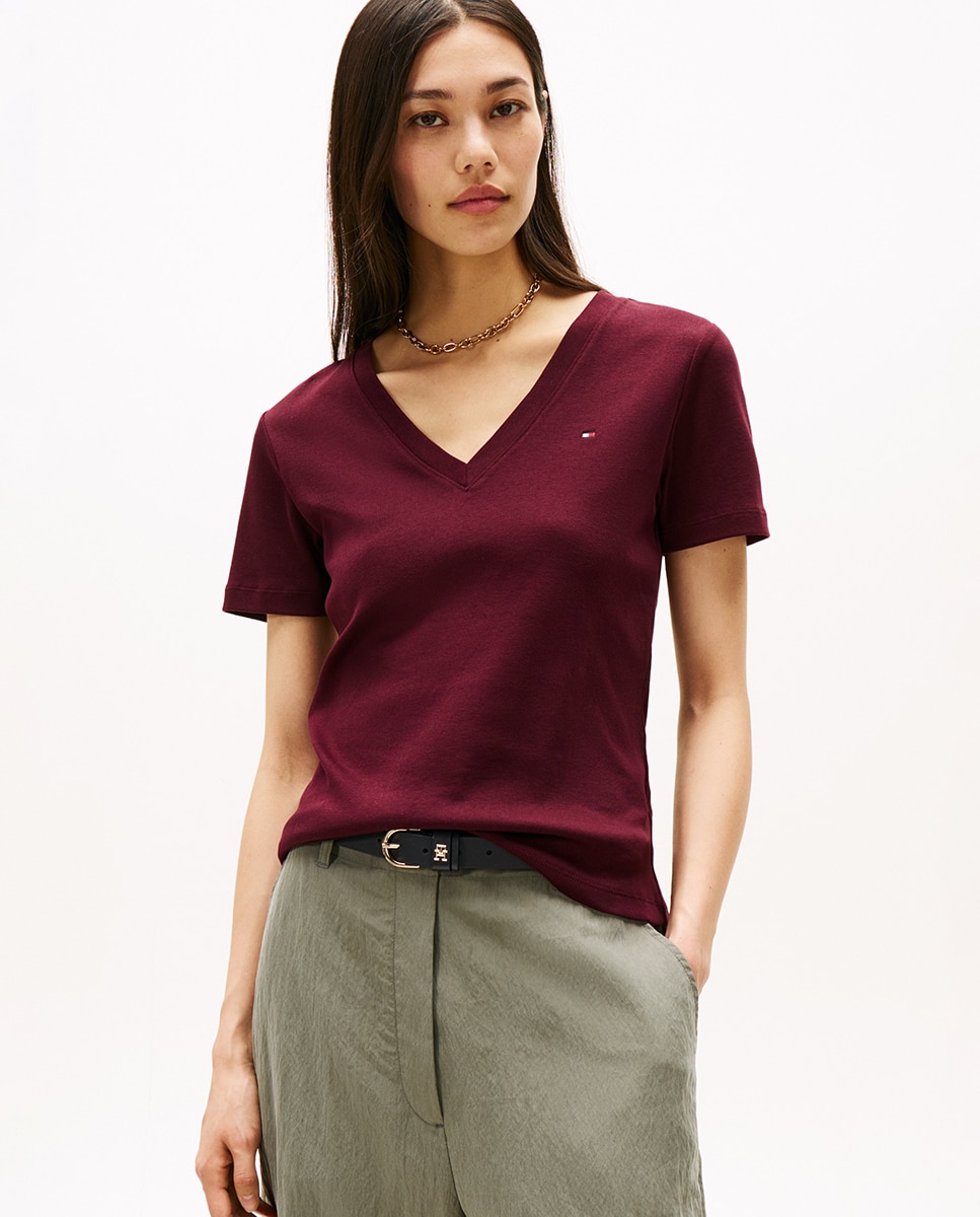 T-shirt Slim Cody de Manga Curta e Decote em Bico Bordeaux-1