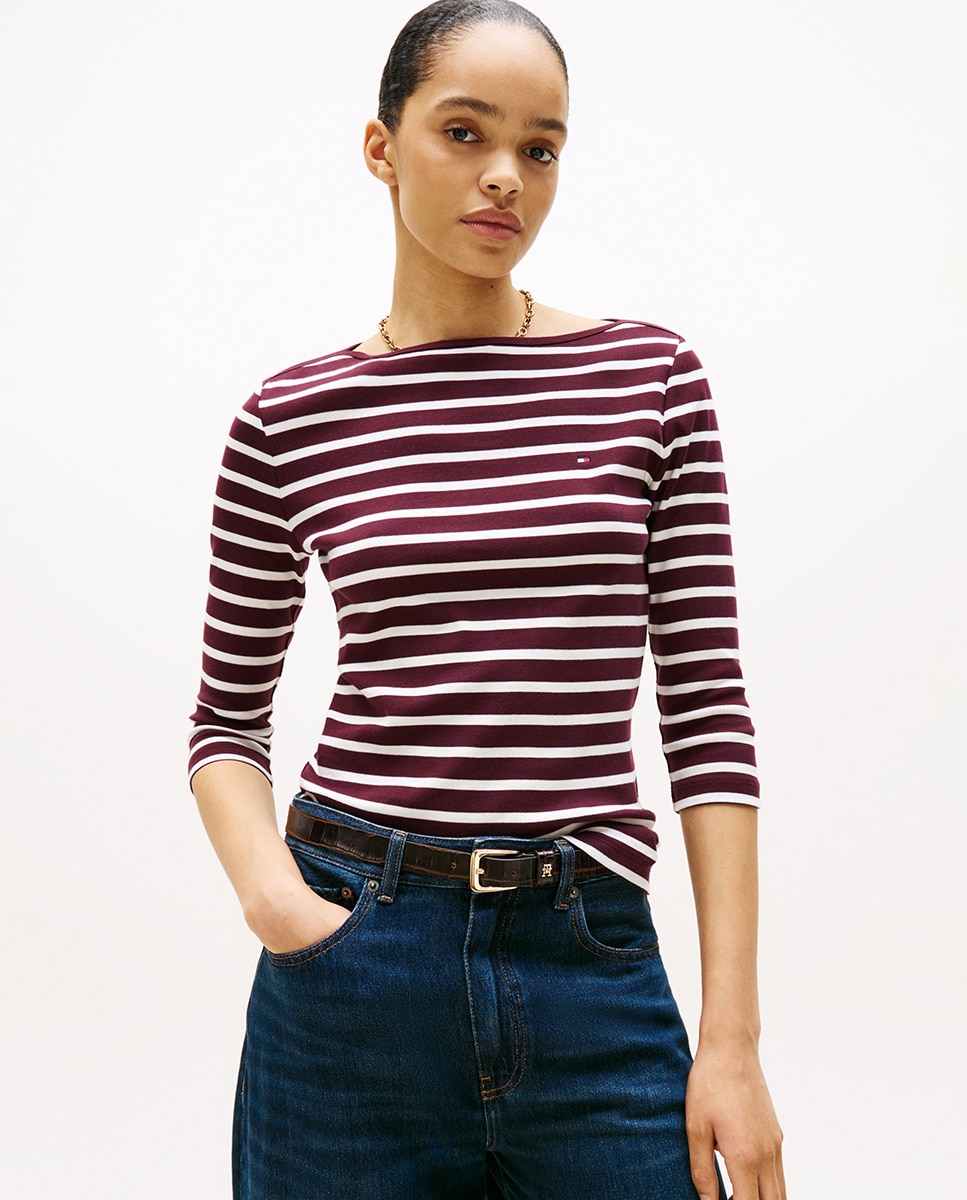 T-shirt Slim Cody de Manga 3/4 e Decote à Barco Bordeaux-1