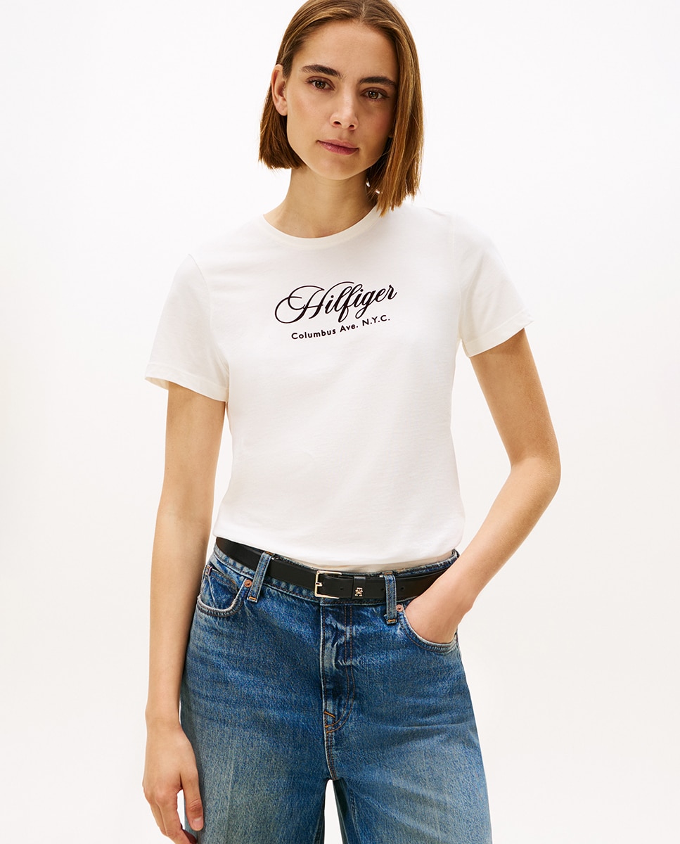 T-shirt de Manga Curta com Logótipo Cursivo Creme-1