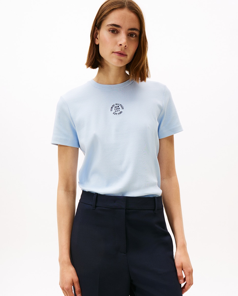 T-shirt canelada de mulher com manga curta Branco-1