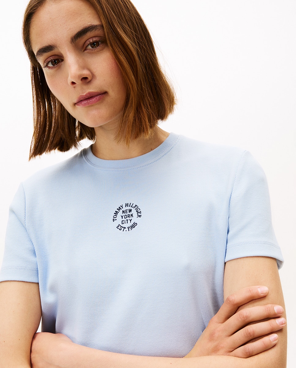 T-shirt canelada de mulher com manga curta Branco-3