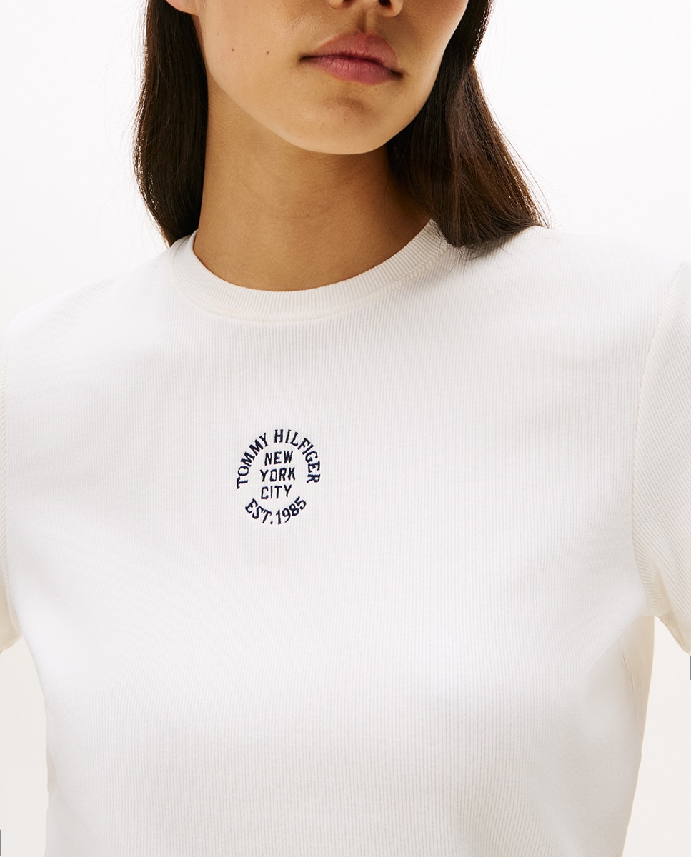 T-shirt canelada de mulher com manga curta Creme-3