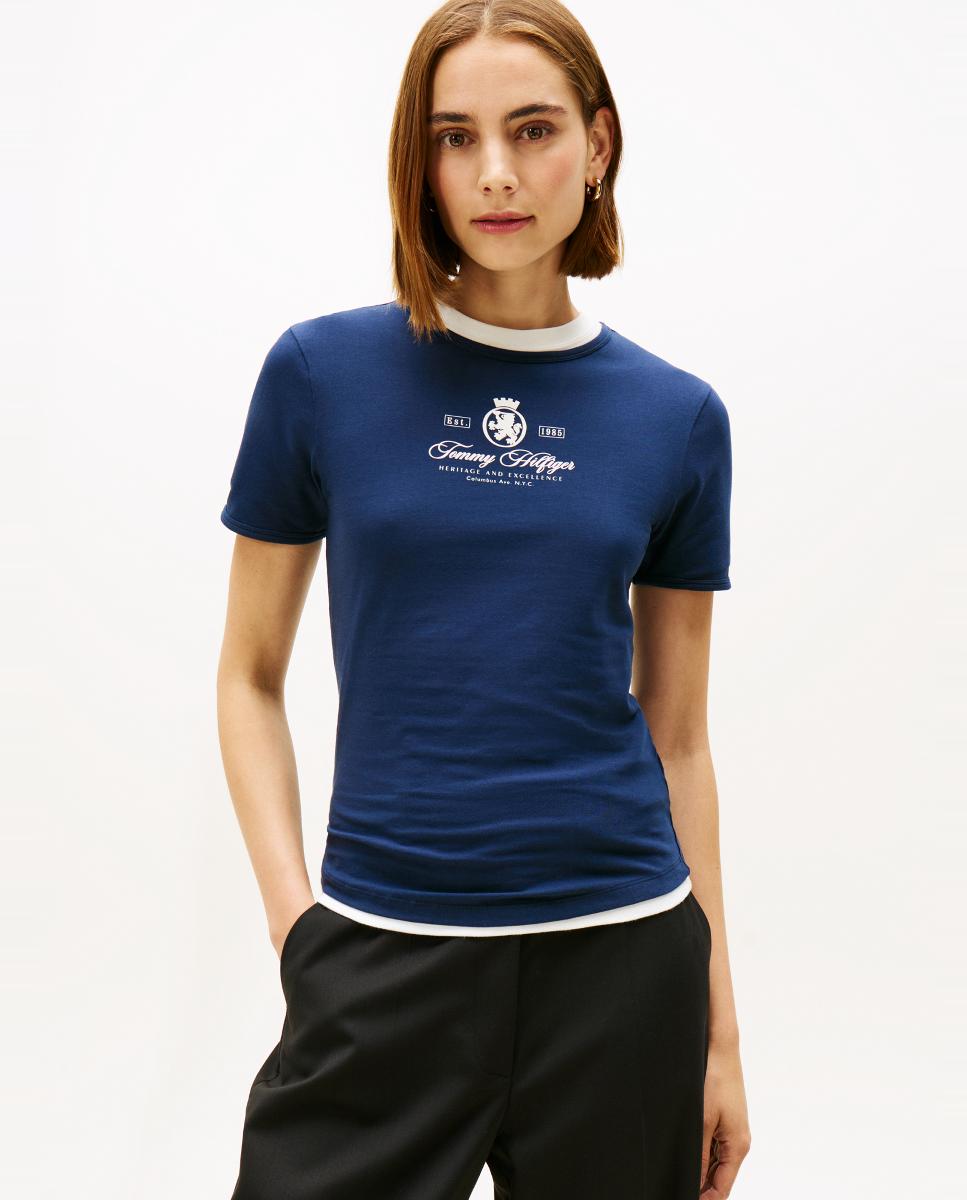T-shirt Slim com Logótipo Crest à Frente Azul-marinho-1