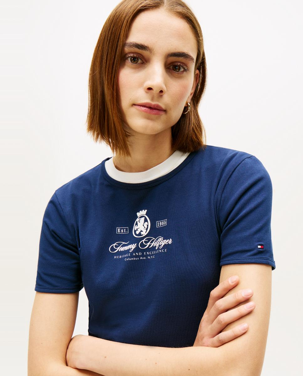 T-shirt Slim com Logótipo Crest à Frente Azul-marinho-3