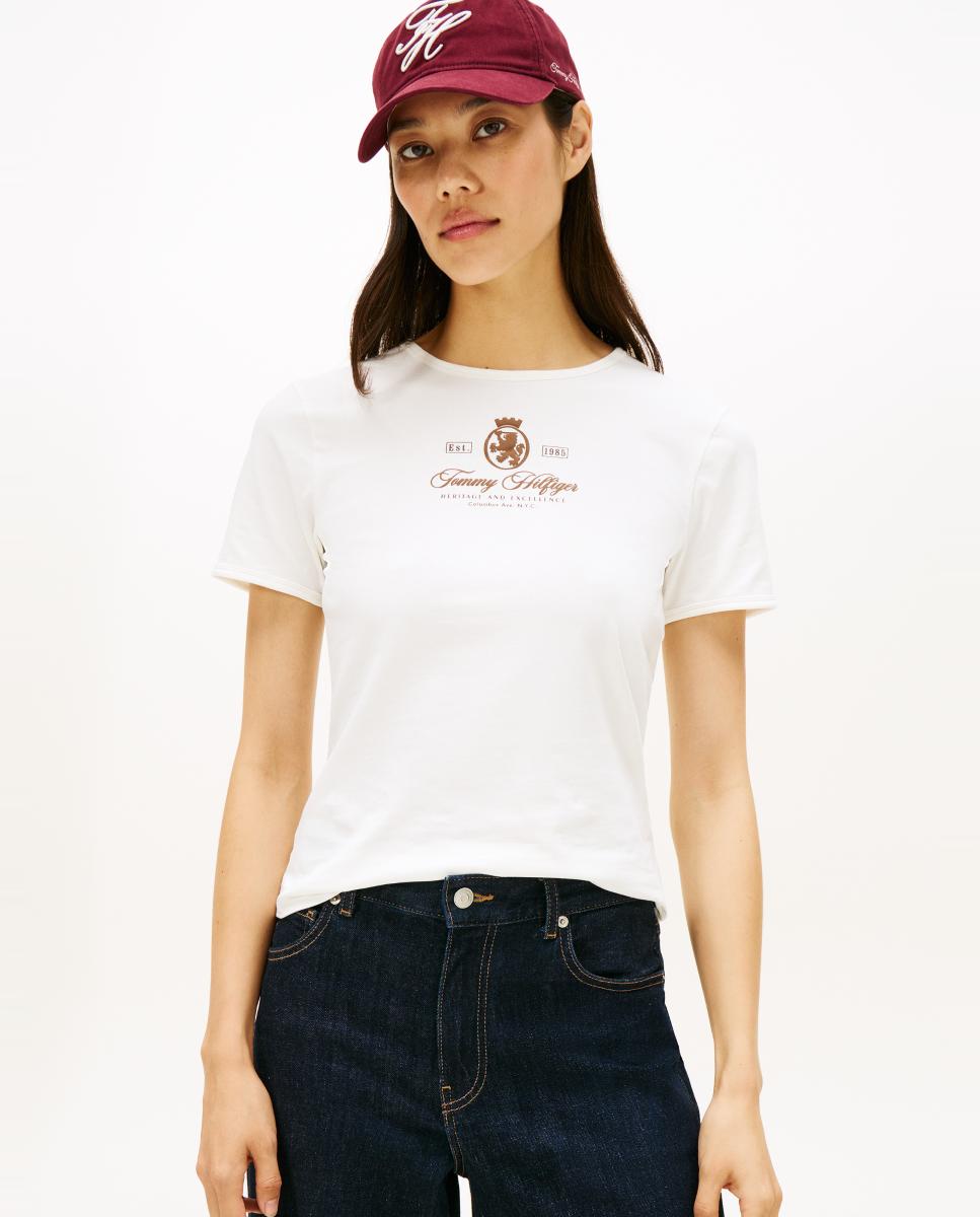 T-shirt Slim com Logótipo Crest à Frente Branco-1