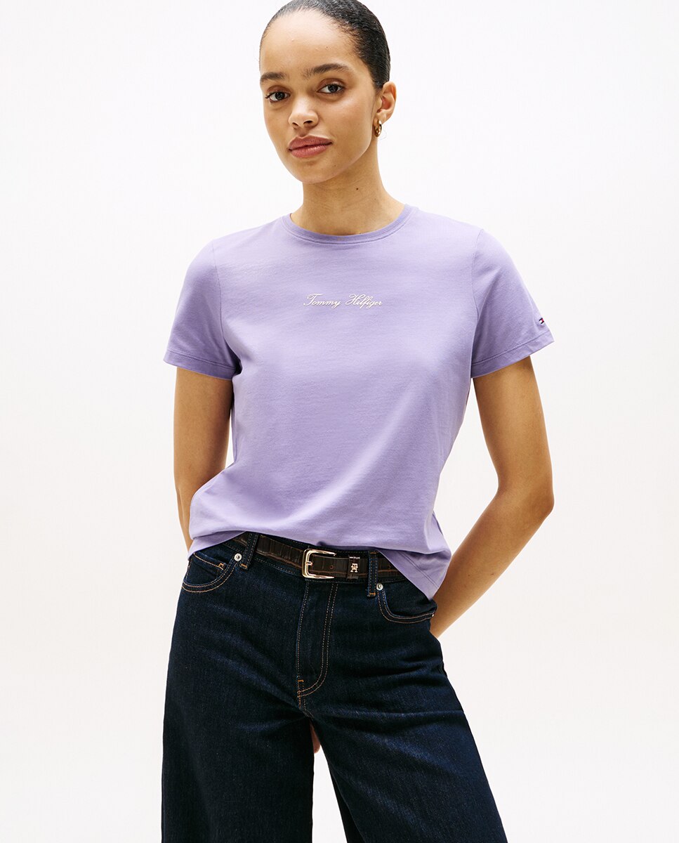 T-shirt com Logótipo Engomado no Peito Lilás-1