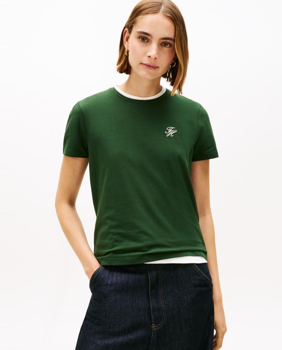 T-shirt às Riscas com Logótipo Bordado Turquesa-1