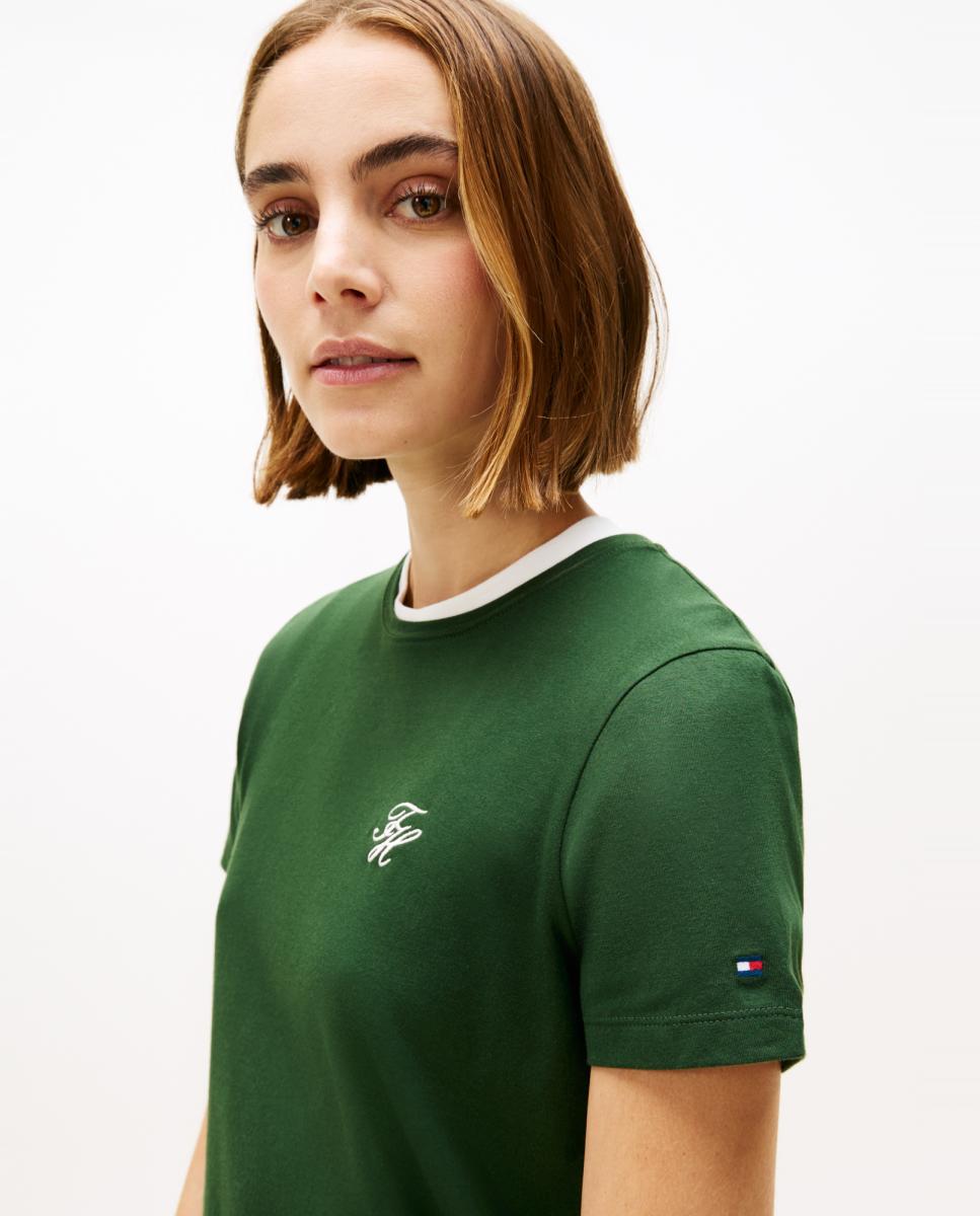 T-shirt às Riscas com Logótipo Bordado Turquesa-2
