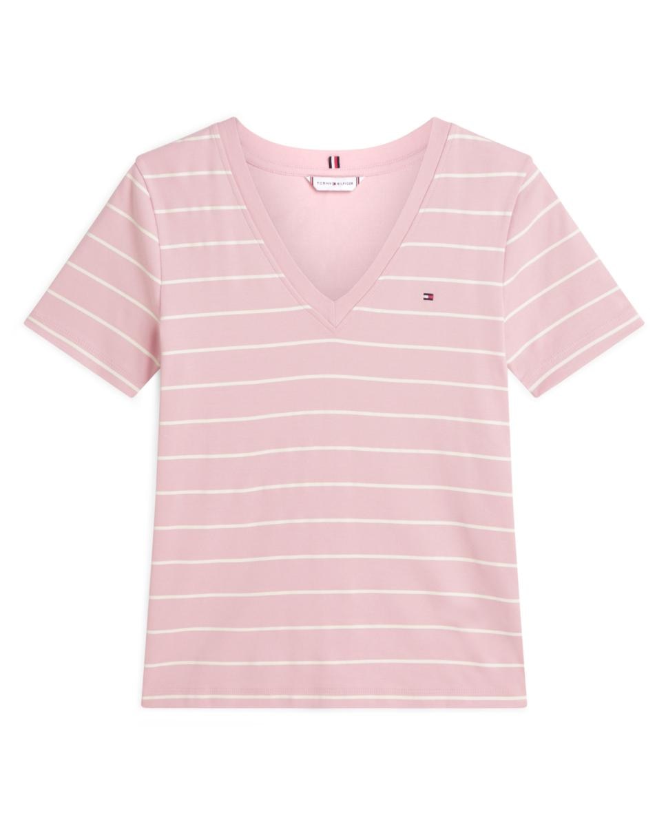 T-shirt de Silhueta Slim com Decote em Bico Rosa-claro-1