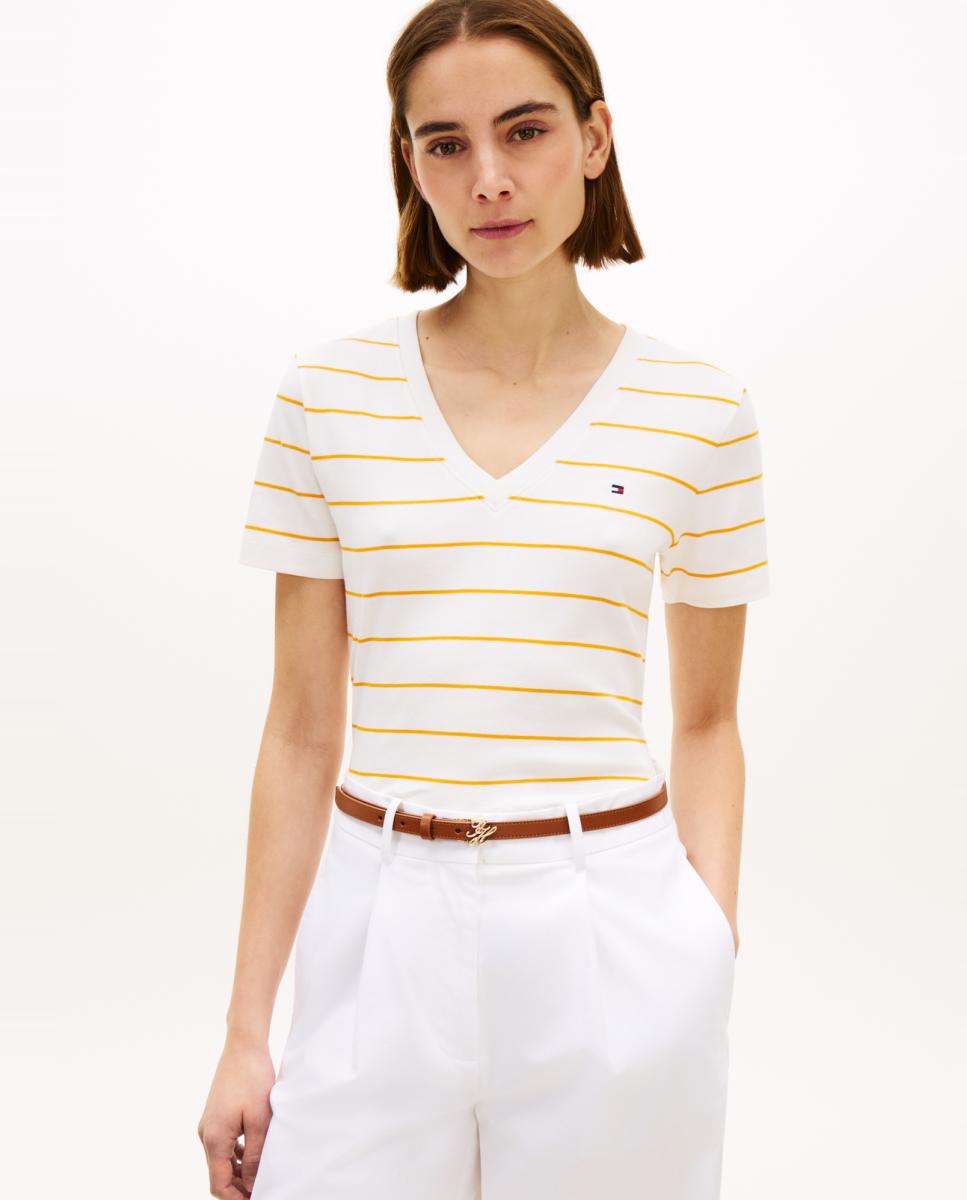 Tommy Hilfiger - Camiseta de mujer de silueta slim de cuello pico.