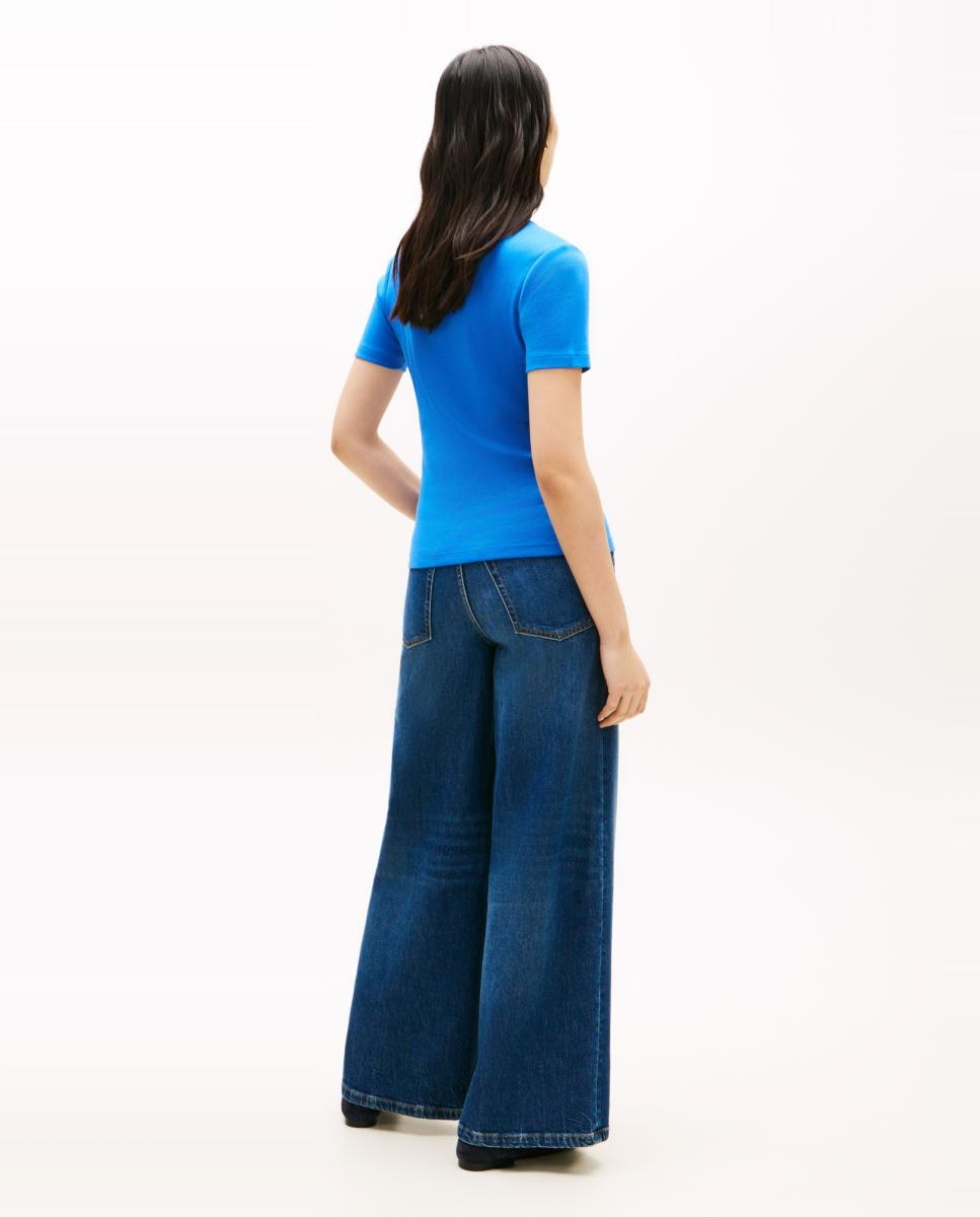 T-shirt de Silhueta Slim com Decote em Bico Azul-índigo-2