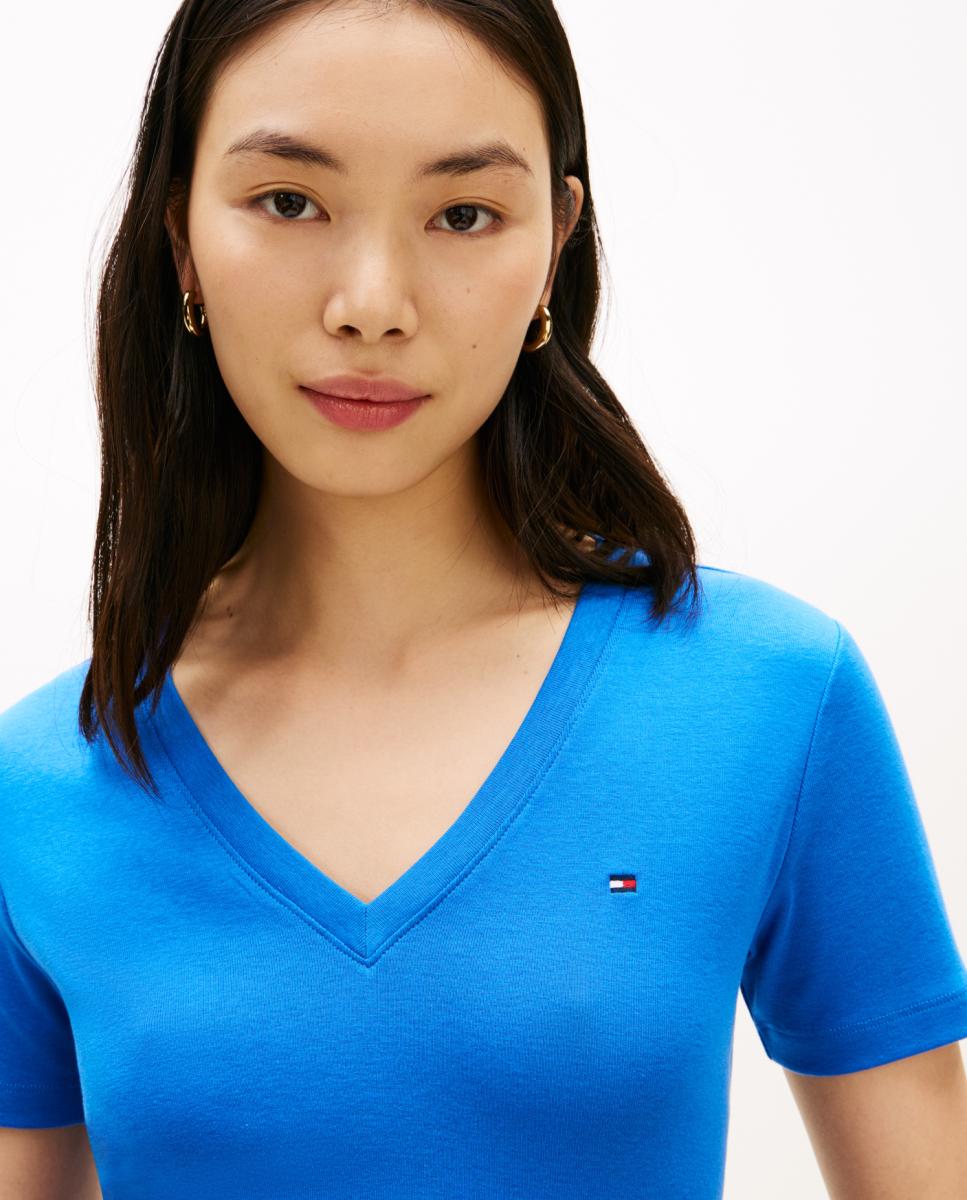 T-shirt de Silhueta Slim com Decote em Bico Azul-índigo-3