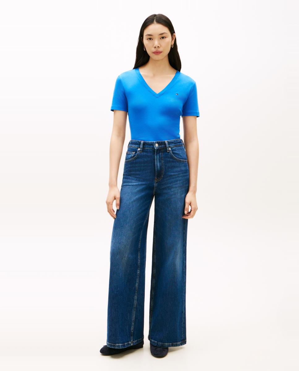 T-shirt de Silhueta Slim com Decote em Bico Azul-índigo-9
