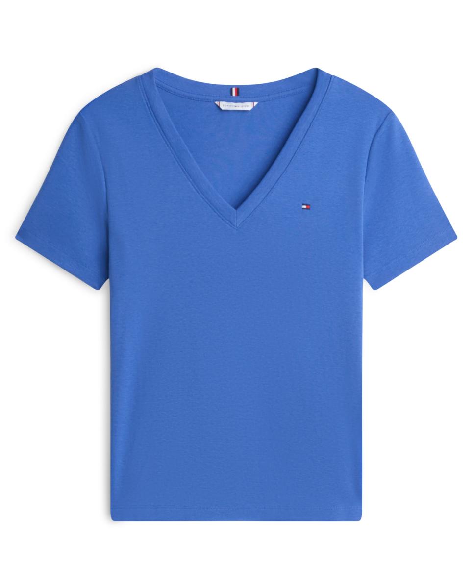 T-shirt de Silhueta Slim com Decote em Bico Azul-índigo-4