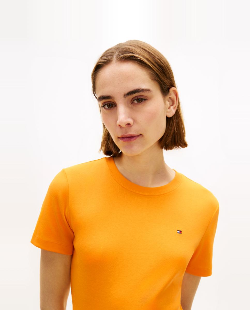 T-shirt de Silhueta Slim com Decote Redondo Mostarda-3