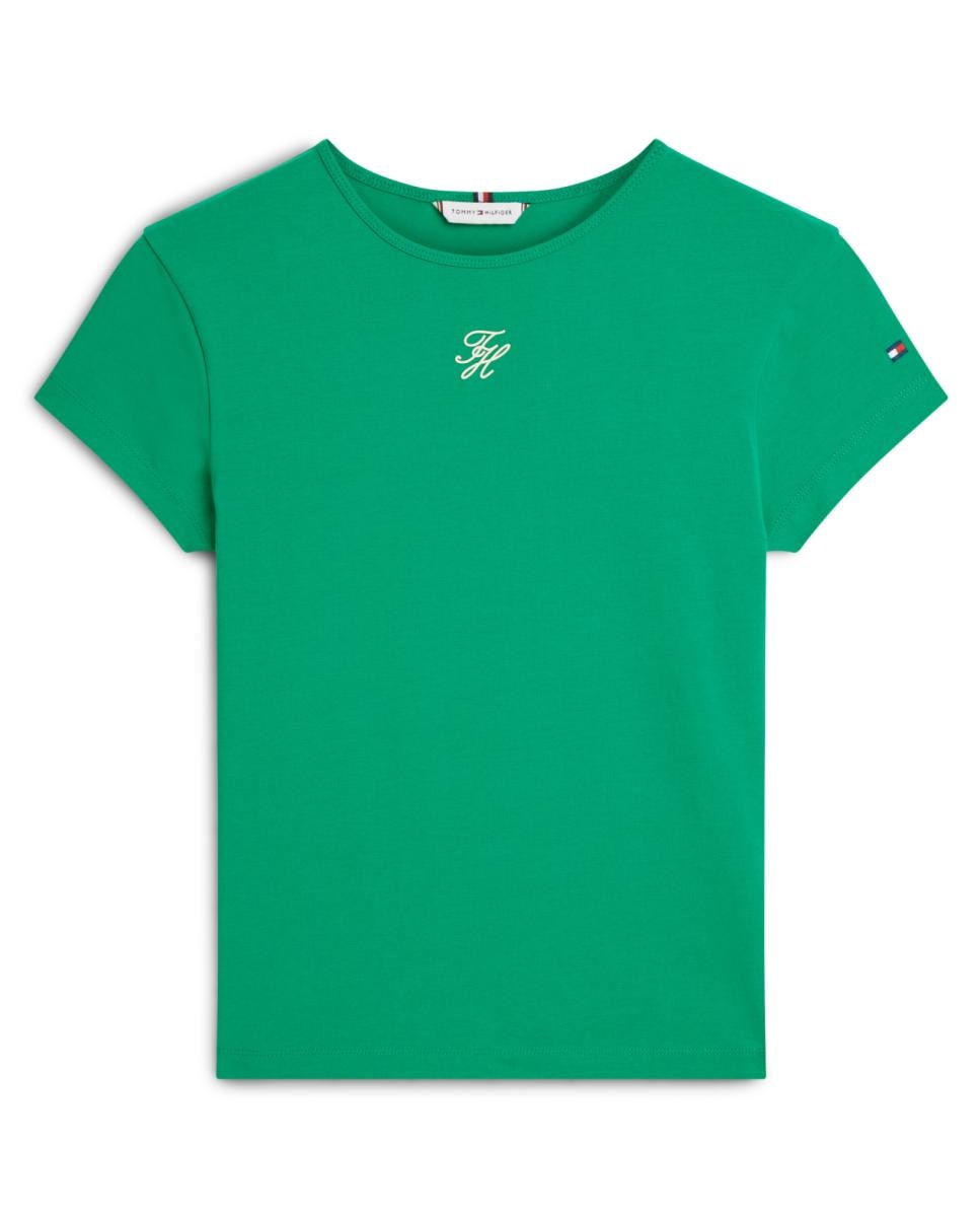 T-shirt Cintada de Manga Curta com Logótipo TH Script à Frente Esmeralda-1