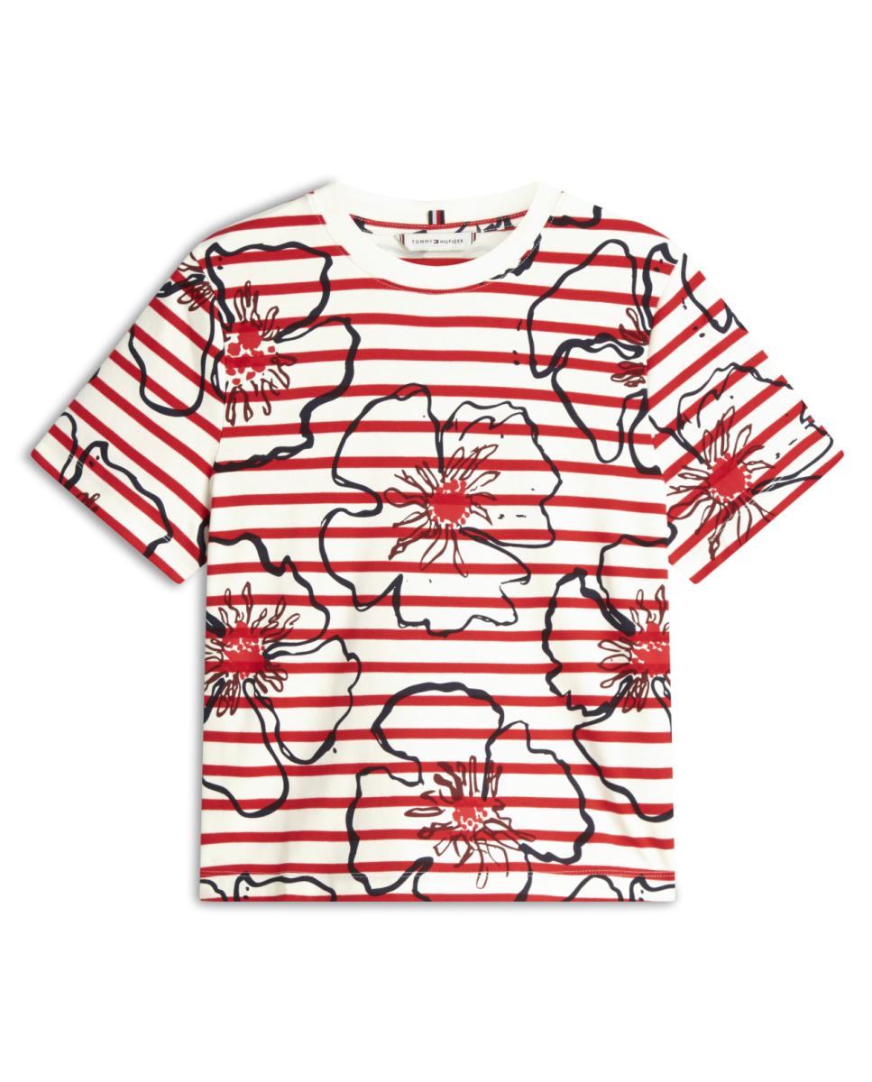 T-shirt às Riscas com Estampado Floral Gráfico Vermelho-1