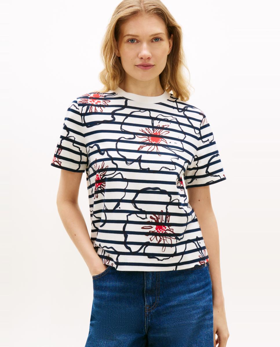 Tommy Hilfiger - Camiseta de mujer de rayas con estampado floral gráfico.
