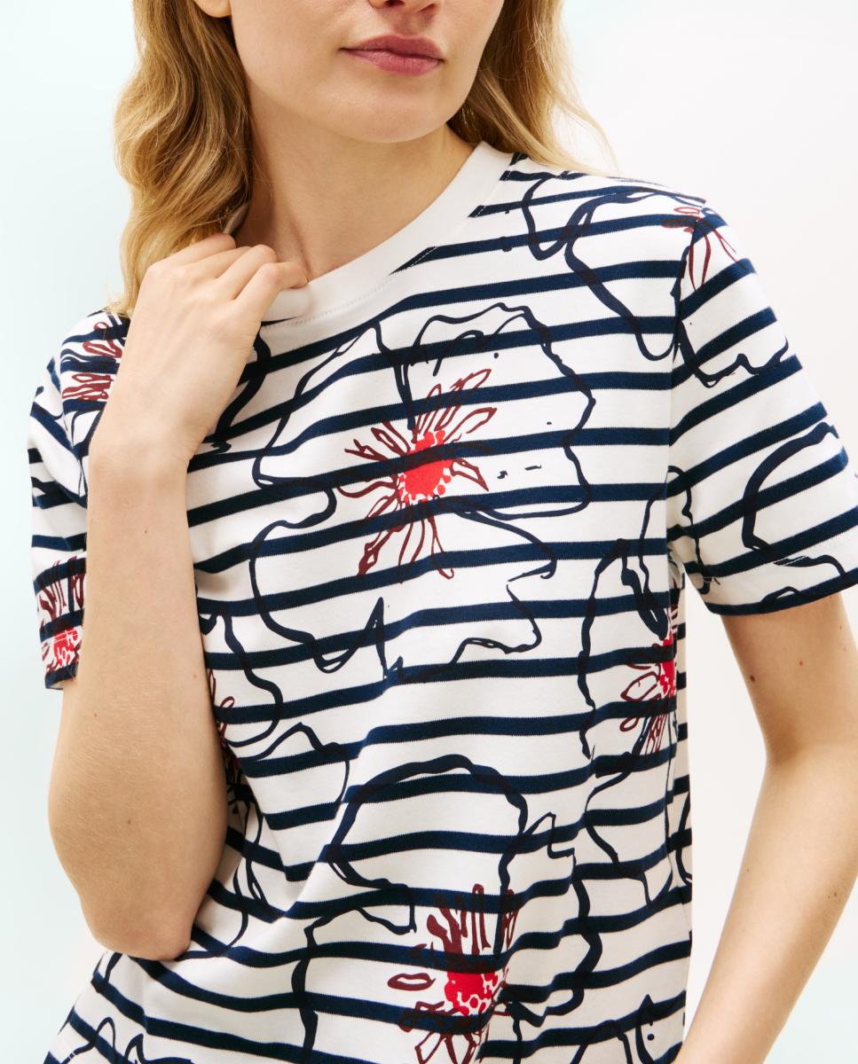 T-shirt às Riscas com Estampado Floral Gráfico Azul-marinho-3