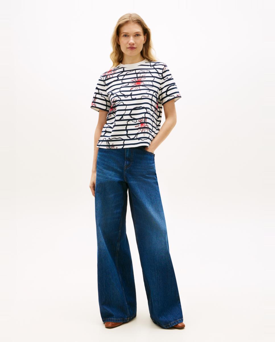 T-shirt às Riscas com Estampado Floral Gráfico Azul-marinho-8