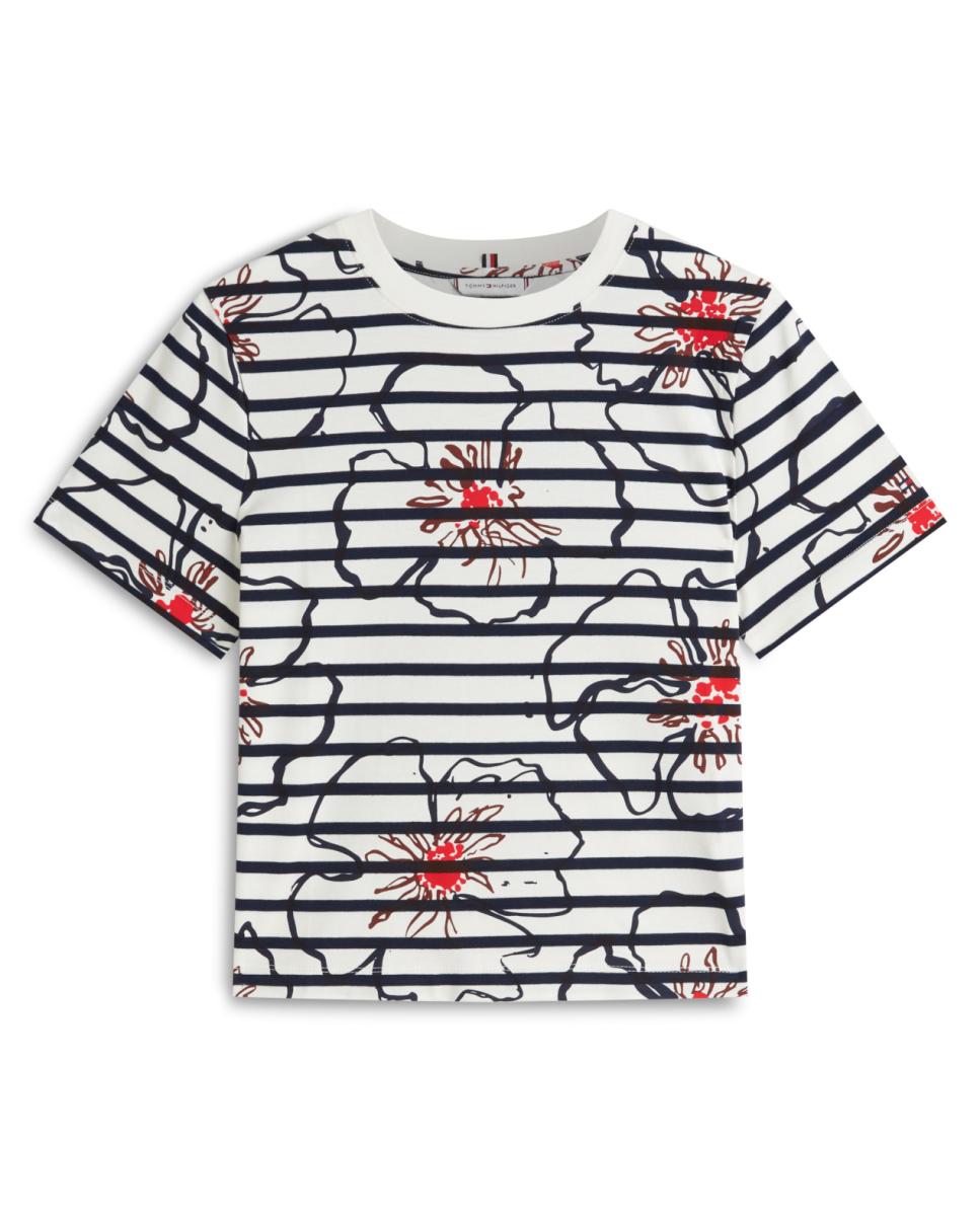 T-shirt às Riscas com Estampado Floral Gráfico Azul-marinho-4
