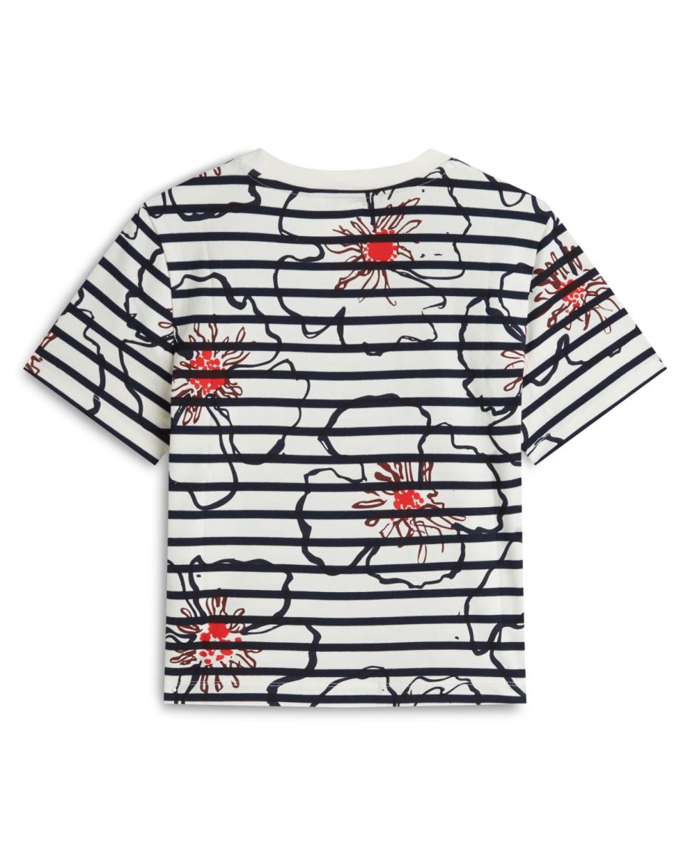 T-shirt às Riscas com Estampado Floral Gráfico Azul-marinho-5