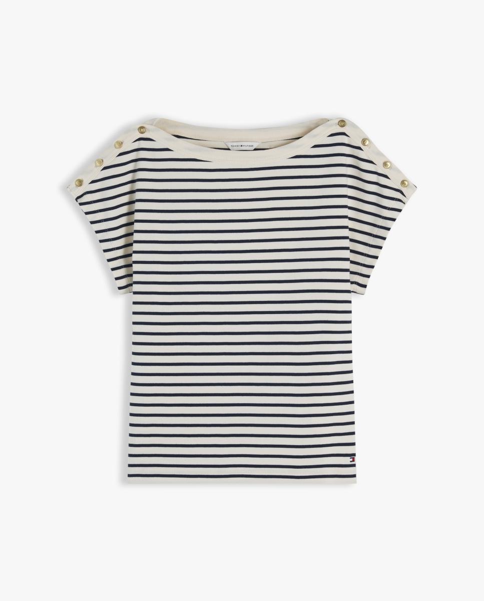 T-shirt com Botões Dourados e Decote à Barco Cru-5