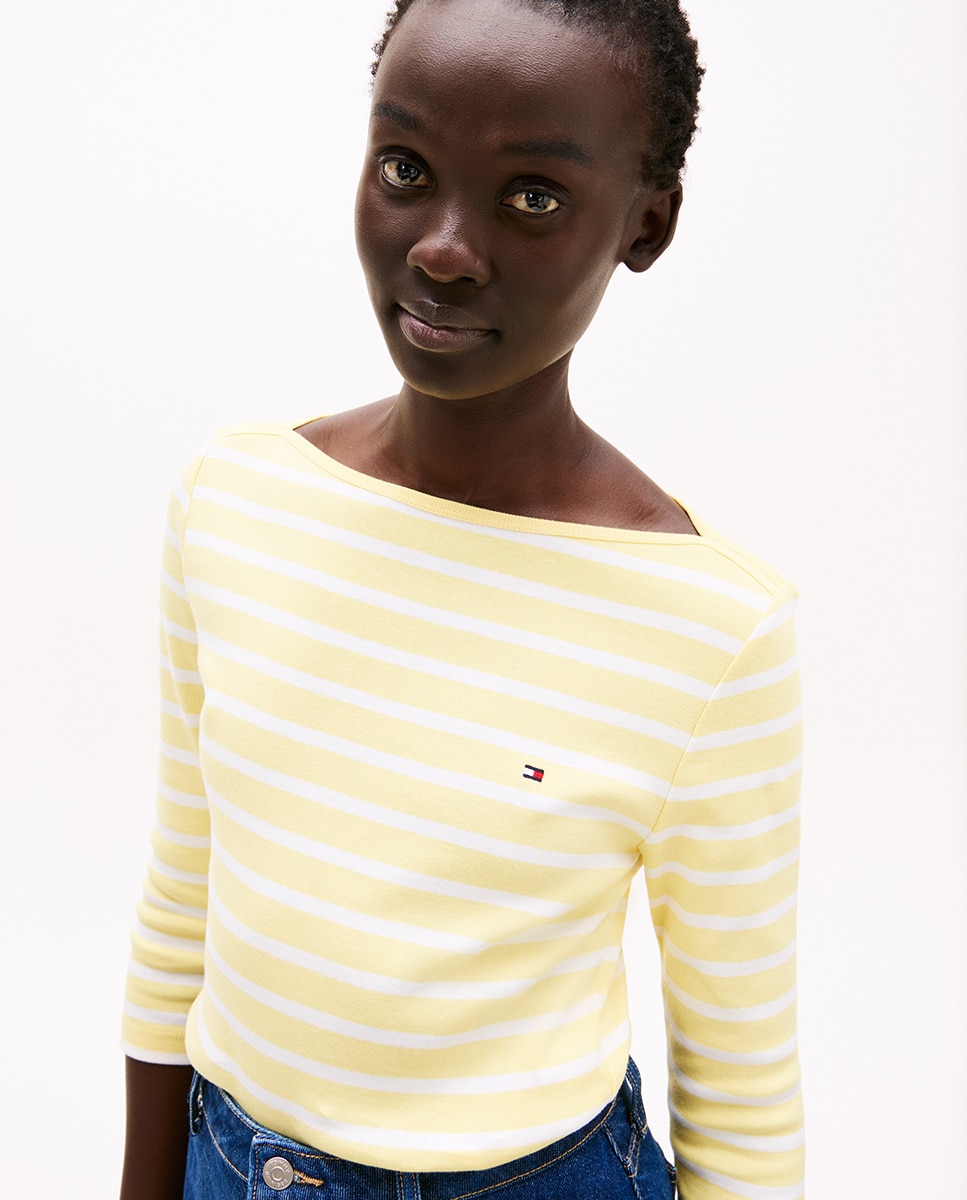 T-shirt de mujer de Manga 3/4 e Decote à Barco Amarelo-3