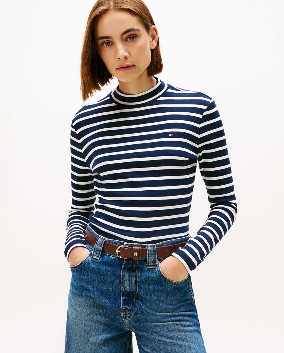 T-shirt às Riscas com Meia Gola Azul-marinho-1