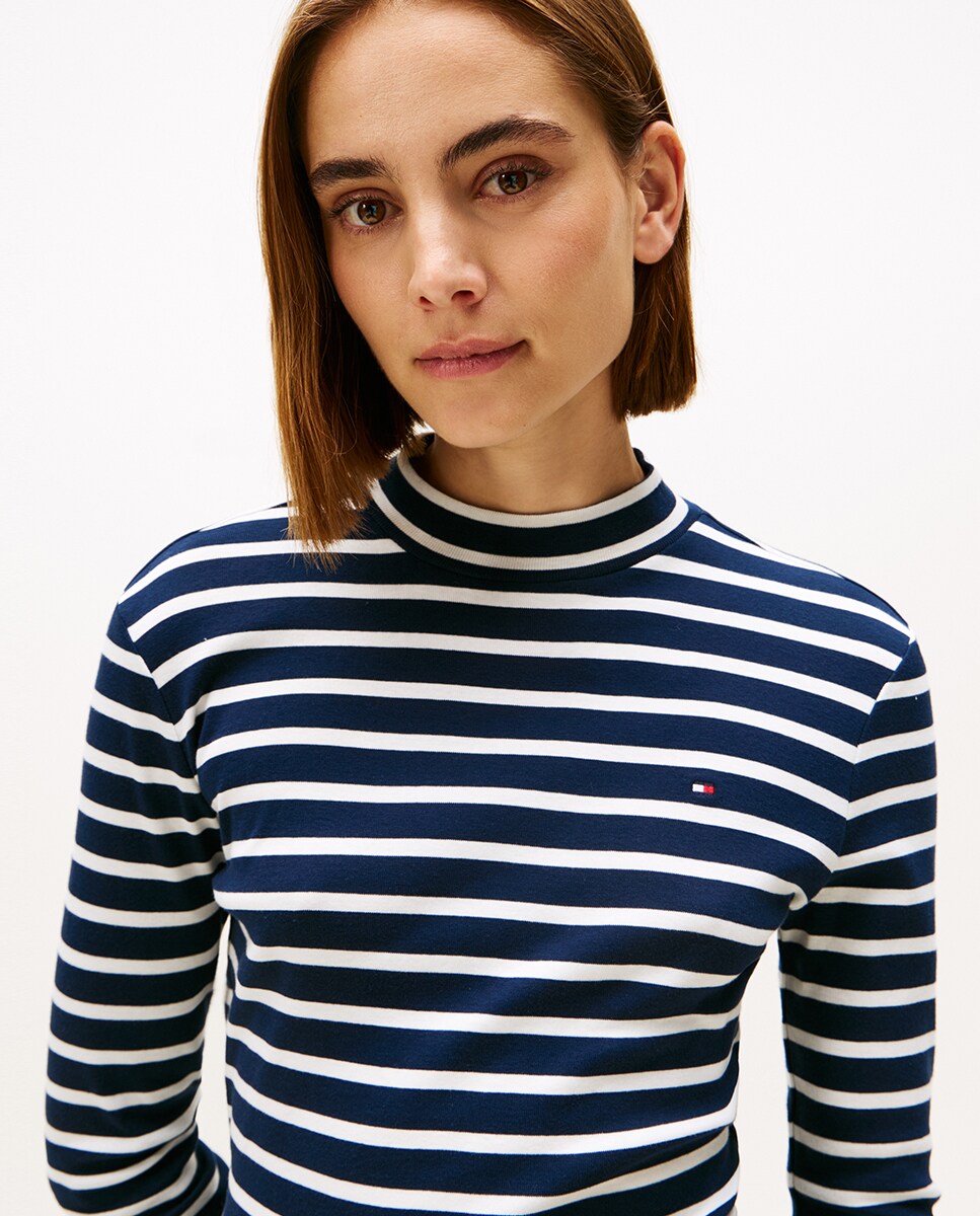 T-shirt às Riscas com Meia Gola Azul-marinho-3