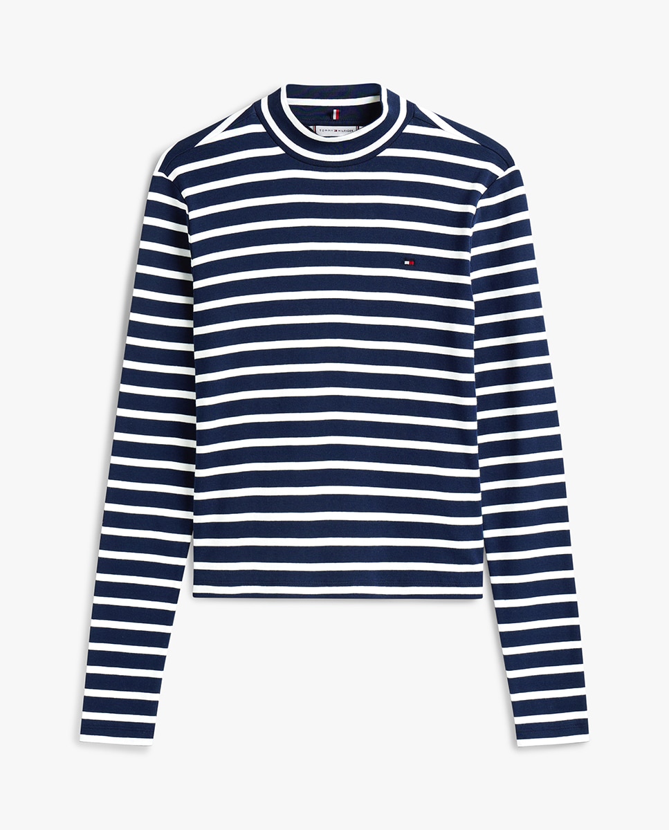 T-shirt às Riscas com Meia Gola Azul-marinho-4