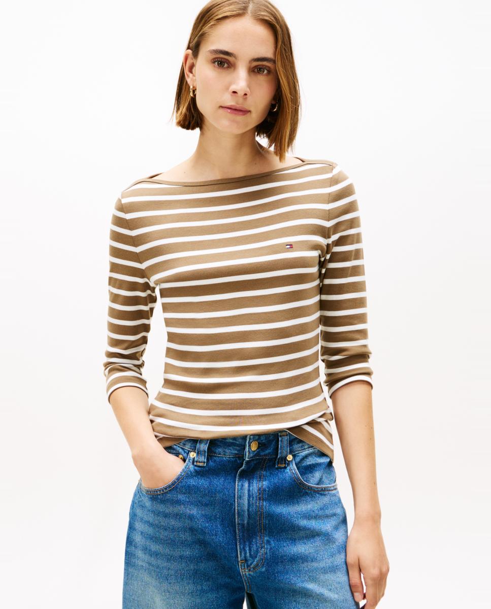 T-shirt Slim Cody de Decote à Barco e Manga 3/4 Camel-1