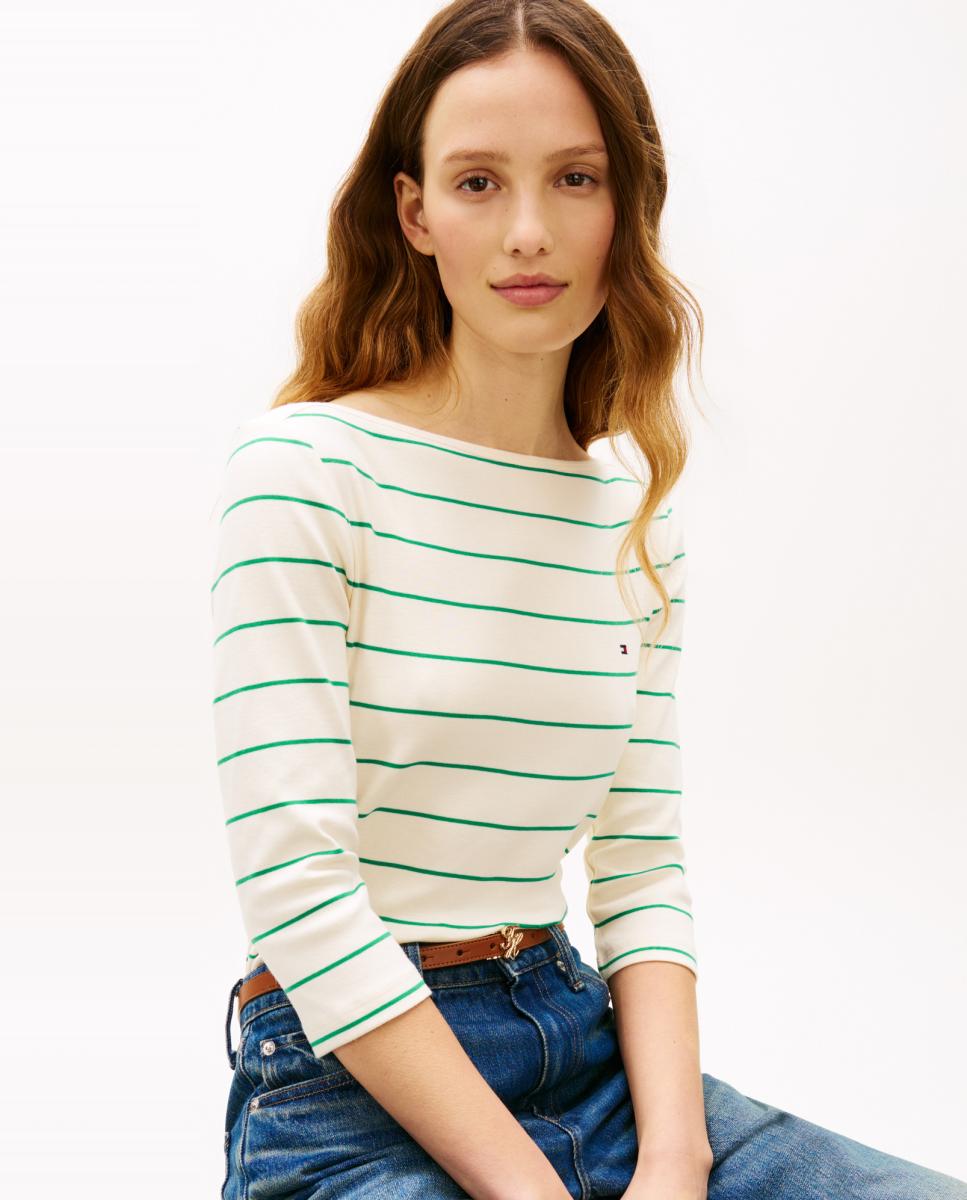 T-shirt Slim de Decote à Barco e Manga 3/4 Verde-claro-3