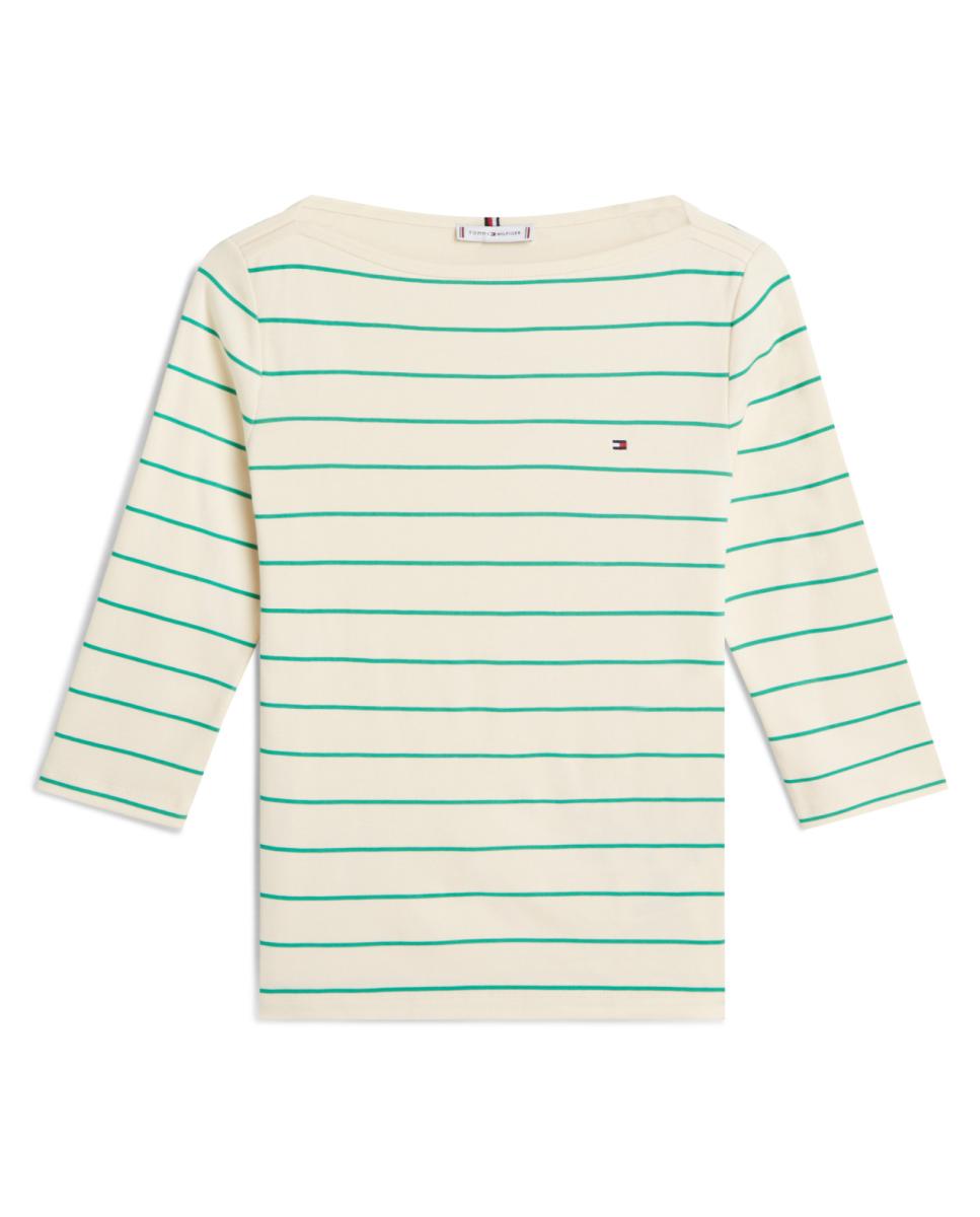 T-shirt Slim de Decote à Barco e Manga 3/4 Verde-claro-4