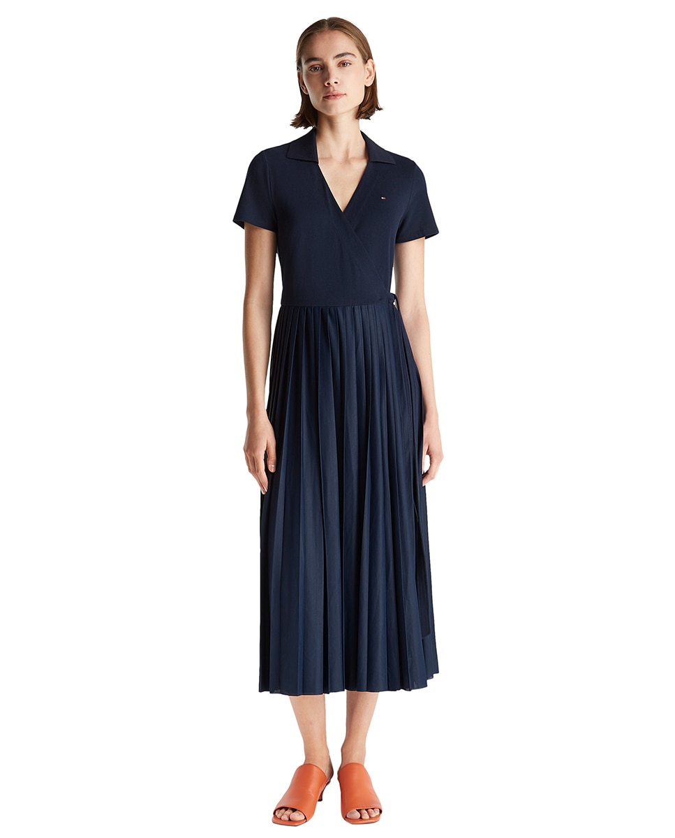 Vestido Midi Cruzado com Manga Curta Azul-1